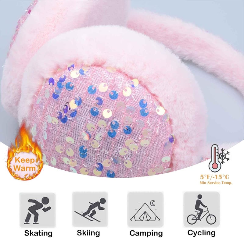 FYBW Ear Muffs Gloves Set for Kids, Winter Adjustable Sequins Warm Earmuffs for Kids Outdoor Cold Weather - Image 2